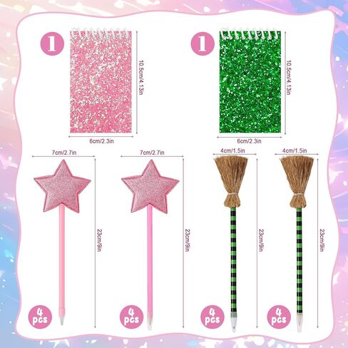 18Pcs Princess and Witch Party Favors with Star Ballpoint Star Pencil Witch Broom Ballpoints Broom Pencils Glitter Mini Spiral Notepads for Party Supplies Decorations in Kuwait