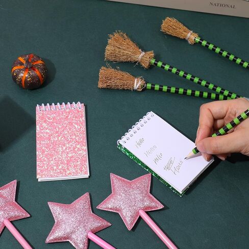 18Pcs Princess and Witch Party Favors with Star Ballpoint Star Pencil Witch Broom Ballpoints Broom Pencils Glitter Mini Spiral Notepads for Party Supplies Decorations in Kuwait