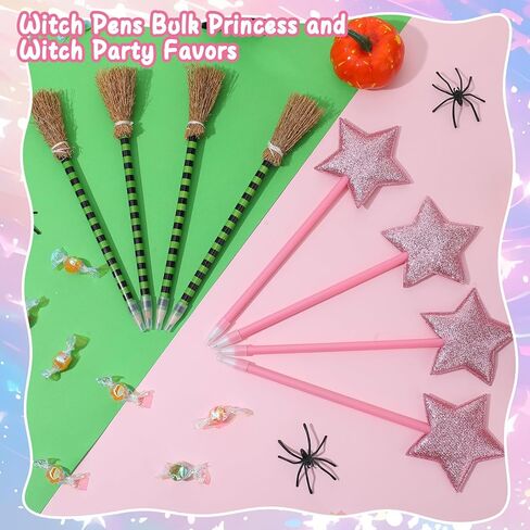 18Pcs Princess and Witch Party Favors with Star Ballpoint Star Pencil Witch Broom Ballpoints Broom Pencils Glitter Mini Spiral Notepads for Party Supplies Decorations in Kuwait