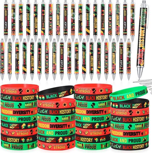 72 Pcs Black History Party Favors Gifts Bulk Black History Month Ballpoint Pens Inspirational Bracelets for African American Freedom Day Celebration Accessories Party Supplies Decorations in Saudi Arabia