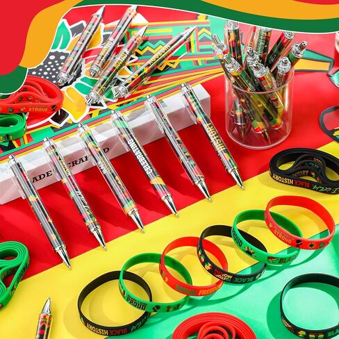 72 Pcs Black History Party Favors Gifts Bulk Black History Month Ballpoint Pens Inspirational Bracelets for African American Freedom Day Celebration Accessories Party Supplies Decorations in Saudi Arabia