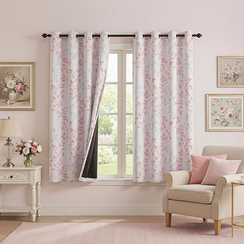 ستائر MEETSKY باللون الوردي المعتم بنسبة 95% لغرفة النوم - ستارة تعتيم الغرفة بحلقات معدنية بطول 63 بوصة، ستائر معزولة حراريًا لغرفة الفتيات، ستائر منقوشة على شكل أوراق شجر مقاس 52 بوصة عرض × 63 بوصة طول، لوحتان in Kuwait