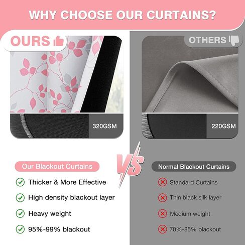 ستائر MEETSKY باللون الوردي المعتم بنسبة 95% لغرفة النوم - ستارة تعتيم الغرفة بحلقات معدنية بطول 63 بوصة، ستائر معزولة حراريًا لغرفة الفتيات، ستائر منقوشة على شكل أوراق شجر مقاس 52 بوصة عرض × 63 بوصة طول، لوحتان in Kuwait