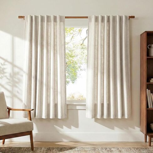 NICETOWN Semi Sheer Curtains 63 inch Length 2 Panels for Bedroom, Rod Pocket & Back Tab Faux Linen Blend Window Treatments Light Filtering Home Decor for Farmhouse, Natural, W55 x L63 in Saudi Arabia
