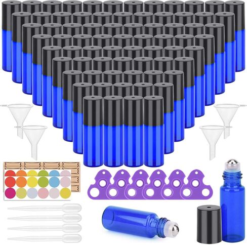 Easytle 96 Pack Essential Oil Roller Bottles 5ml Blue Glass, Reusable, Leak-Proof, UV Protection, Travel & Personal Care, 384 Labels, 8 Opener, 16 Funnels, 16 Droppers in Kuwait