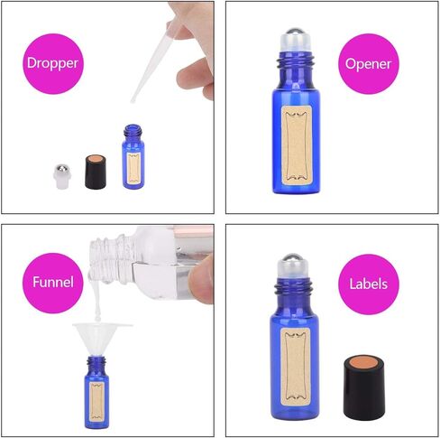 Easytle 96 Pack Essential Oil Roller Bottles 5ml Blue Glass, Reusable, Leak-Proof, UV Protection, Travel & Personal Care, 384 Labels, 8 Opener, 16 Funnels, 16 Droppers in Kuwait