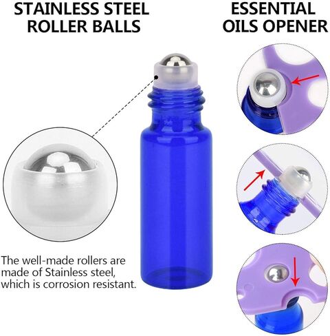 Easytle 96 Pack Essential Oil Roller Bottles 5ml Blue Glass, Reusable, Leak-Proof, UV Protection, Travel & Personal Care, 384 Labels, 8 Opener, 16 Funnels, 16 Droppers in Kuwait