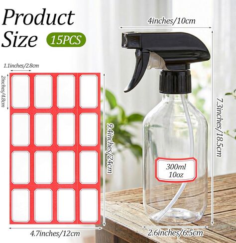 15 Pack Plastic Spray Bottles Bulk 100z/300ml Heavy Duty Spraying Bottles with Stickers Empty Mist Water Sprayer Refillable Containers for Cleaning Solutions, Essential Oils, Hair, Cooking (Clear) in Kuwait
