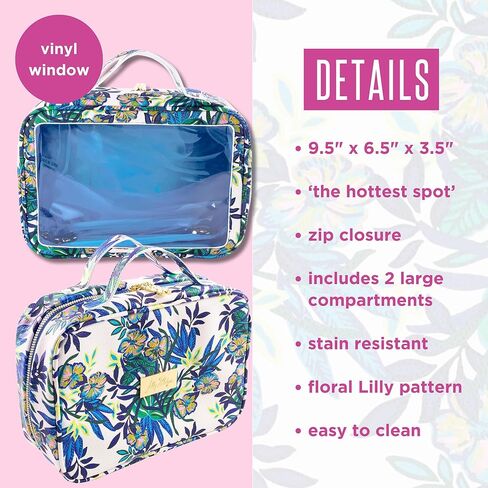 Lilly Pulitzer Cosmetic Case with Two Zippered Pockets, Vinyl Window, and Handles, Easy to Clean Travel Toiletry Bag, Travel Makeup Bag with Gold Details, The Hottest Spot in Saudi Arabia