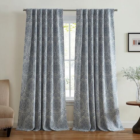 Elrene Home Fashions Giovanni Medallion Block Print Linen Blend Blackout Lined Window Curtain Panel, 52"x95", Blue in Saudi Arabia