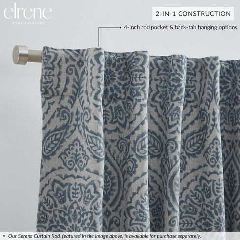 Elrene Home Fashions Giovanni Medallion Block Print Linen Blend Blackout Lined Window Curtain Panel, 52"x95", Blue in Saudi Arabia