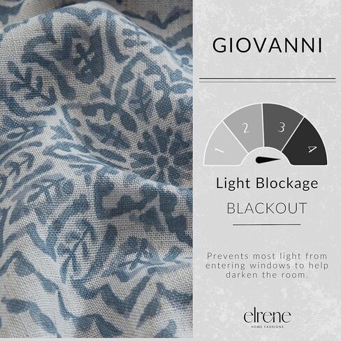 Elrene Home Fashions Giovanni Medallion Block Print Linen Blend Blackout Lined Window Curtain Panel, 52"x95", Blue in Saudi Arabia