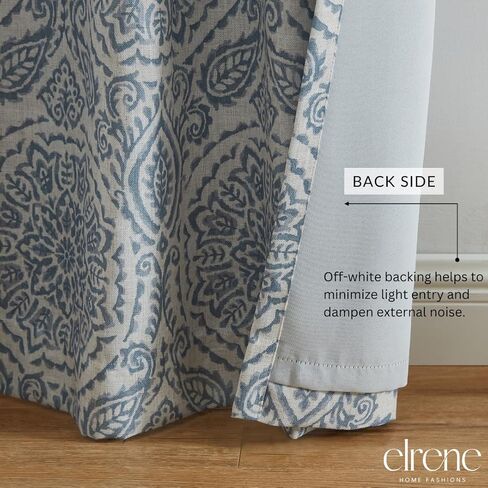 Elrene Home Fashions Giovanni Medallion Block Print Linen Blend Blackout Lined Window Curtain Panel, 52"x95", Blue in Saudi Arabia