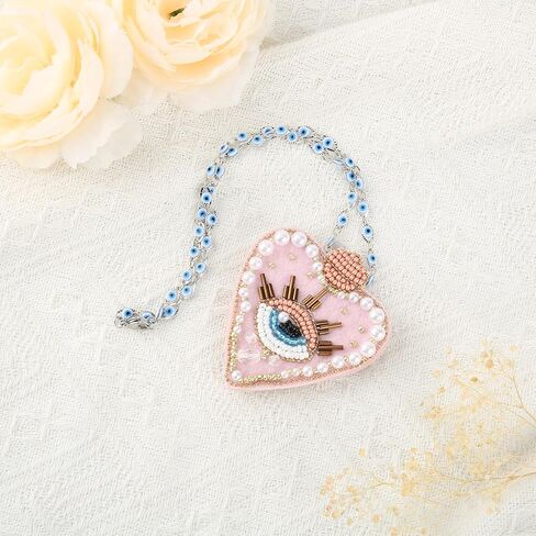 سحر العين الشريرة للسيارة - ملحقات تعليق مرآة السيارة ذات القلب الوردي الشرير، حماية مرآة الرؤية الخلفية سحر زينة معلقة للنساء، شماعة لطيفة ديكور جمالي نافذة باب ديكورات in Kuwait