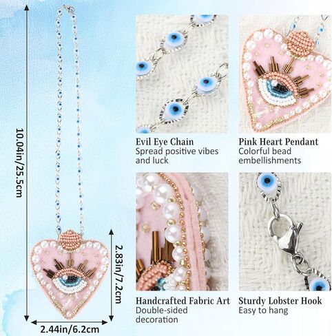 سحر العين الشريرة للسيارة - ملحقات تعليق مرآة السيارة ذات القلب الوردي الشرير، حماية مرآة الرؤية الخلفية سحر زينة معلقة للنساء، شماعة لطيفة ديكور جمالي نافذة باب ديكورات in Kuwait
