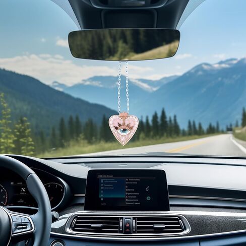 سحر العين الشريرة للسيارة - ملحقات تعليق مرآة السيارة ذات القلب الوردي الشرير، حماية مرآة الرؤية الخلفية سحر زينة معلقة للنساء، شماعة لطيفة ديكور جمالي نافذة باب ديكورات in Kuwait