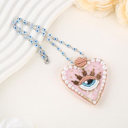 سحر العين الشريرة للسيارة - ملحقات تعليق مرآة السيارة ذات القلب الوردي الشرير، حماية مرآة الرؤية الخلفية سحر زينة معلقة للنساء، شماعة لطيفة ديكور جمالي نافذة باب ديكورات in Kuwait