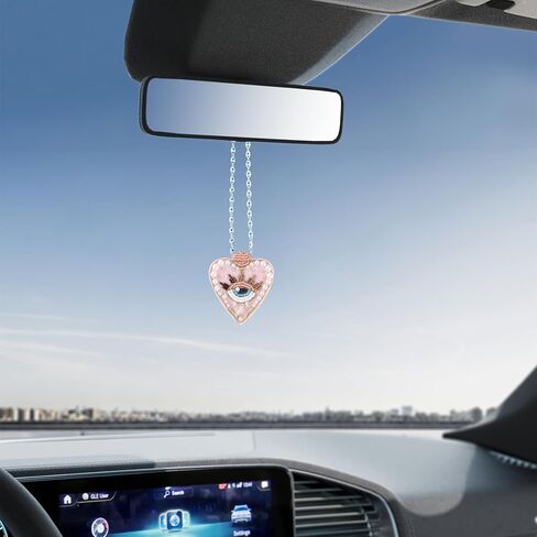 سحر العين الشريرة للسيارة - ملحقات تعليق مرآة السيارة ذات القلب الوردي الشرير، حماية مرآة الرؤية الخلفية سحر زينة معلقة للنساء، شماعة لطيفة ديكور جمالي نافذة باب ديكورات in Kuwait
