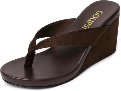 Suede Wedge Flip Flops for Women Open Round Toe Platform Sandals Slip On Comfortable Wedge Heels Sandals for Summer Vacation Beach Shoes in Kuwait