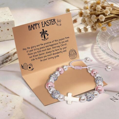Tifeson Easter Basket Stuffers for Girls Teens, Cross Pearl Adjustable Bracelet for Daughter Granddaughter Niece Easter Christian Inspirational Baptism Communion Confirmation Jewelry Gifts in Kuwait