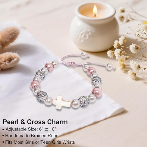Tifeson Easter Basket Stuffers for Girls Teens, Cross Pearl Adjustable Bracelet for Daughter Granddaughter Niece Easter Christian Inspirational Baptism Communion Confirmation Jewelry Gifts in Kuwait