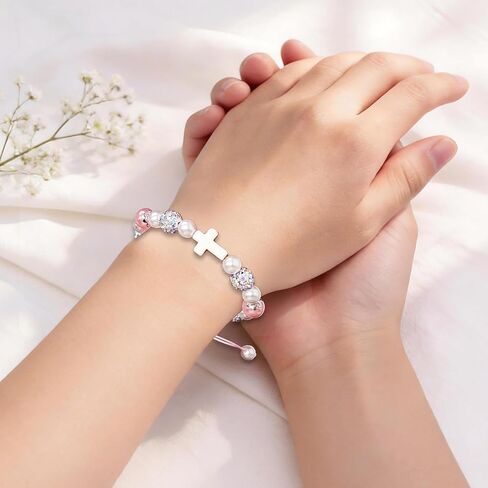 Tifeson Easter Basket Stuffers for Girls Teens, Cross Pearl Adjustable Bracelet for Daughter Granddaughter Niece Easter Christian Inspirational Baptism Communion Confirmation Jewelry Gifts in Kuwait