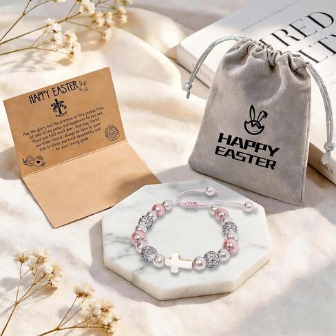 Tifeson Easter Basket Stuffers for Girls Teens, Cross Pearl Adjustable Bracelet for Daughter Granddaughter Niece Easter Christian Inspirational Baptism Communion Confirmation Jewelry Gifts in Kuwait