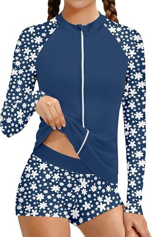 AGAPENG Girls Rash Guard Swimsuit 2 Piece Bathing Suit Long Sleeve Full Zip Tropical Print Boyshorts Beach Swimwear 9-16Y in Kuwait