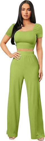 2 Piece Lounge Sets for Women Short Sleeve Crop Tops and Wide Leg Long Pants Casual Matching Vacation Outfits in Saudi Arabia