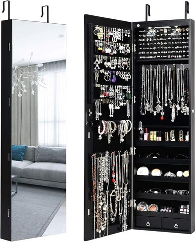 HAPPYGRILL Over the Door Jewelry Organizer, Hanging Jewelry Storage Cabinet w/Full-Length, Inner Makeup Mirror, Earring Shelves, Ring Slots, 25 Necklace Hooks, Wall Mounted Jewelry Armoire for Women in Kuwait