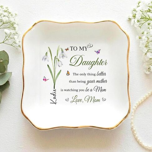 Personalized Daughter Jewelry Dish Custom Name Ceramic Ring Holder from Mom Watching You Be A Mom Trinket Bowl New Mother's Gift for Daughter Keepsake Accessory Plate Gold Rim in Saudi Arabia