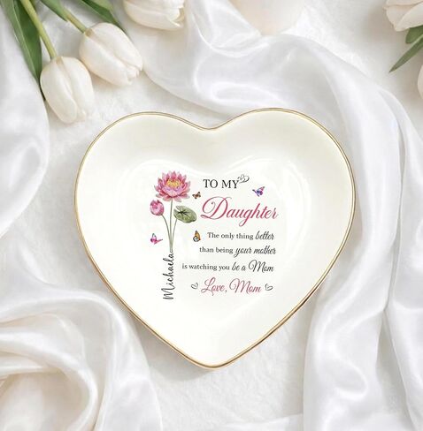 Personalized Daughter Jewelry Dish Custom Name Ceramic Ring Holder from Mom Watching You Be A Mom Trinket Bowl New Mother's Gift for Daughter Keepsake Accessory Plate Gold Rim in Saudi Arabia