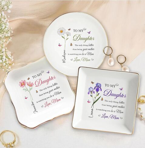 Personalized Daughter Jewelry Dish Custom Name Ceramic Ring Holder from Mom Watching You Be A Mom Trinket Bowl New Mother's Gift for Daughter Keepsake Accessory Plate Gold Rim in Saudi Arabia