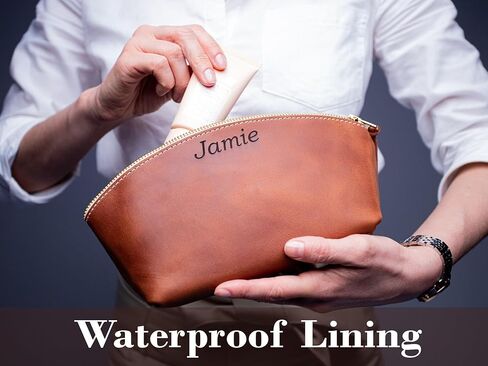 100% Genuine Leather Makeup Bag Engraved Name or Initials – Cosmetic Purse Crafted in USA – Personalized Birthday Gift, Mother Gift, Coworker Gift – Waterproof Makeup Bag for Women in Kuwait