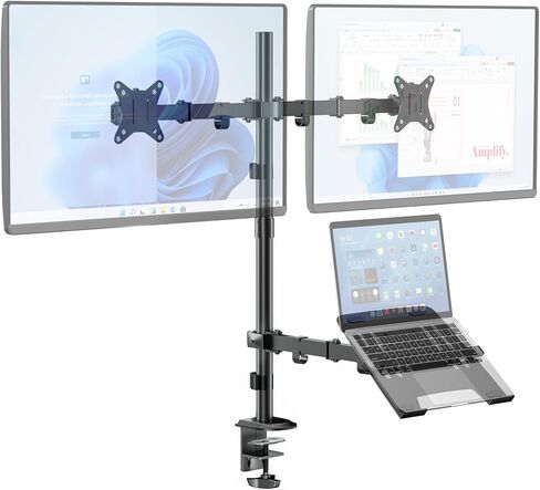 Dual Monitor Stand and Laptop Mount Fit Two 17 to 32 Inch Monitor and 10 to 17 Inch Laptop,Extra Tall Adjustable Stand,19.8 lbs Weight Capacity per Arm,Black in Kuwait