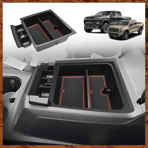 Muslogy Center Console Organizer Compatible with 2023-2025 2026 Chevy Colorado/GMC Canyon Accessories, Interior Storage Box Coin Container Armrest Secondary Tray Non-Slip Mat Fit with OEM Tray (Red) in Saudi Arabia