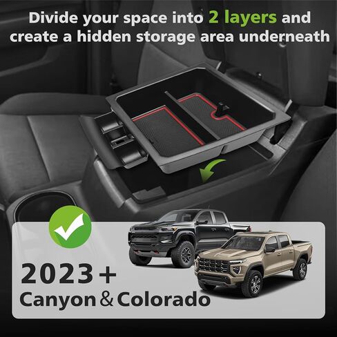 Muslogy Center Console Organizer Compatible with 2023-2025 2026 Chevy Colorado/GMC Canyon Accessories, Interior Storage Box Coin Container Armrest Secondary Tray Non-Slip Mat Fit with OEM Tray (Red) in Saudi Arabia