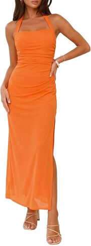 Women's Sleeveless Bodycon Dress Halter Backless Ruched Cocktail Party Evening Long Dresses in Saudi Arabia