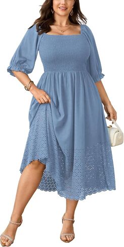 SCOMCHIC Women's Plus Size Maxi Dress Short Sleeve Square Neck Hollow Out Smocked Flowy A-Line Boho Wedding Guest Dresses in Saudi Arabia