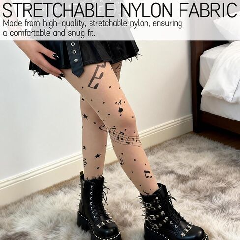 2-Pack Music Note Tights - Patterned Sheer Pantyhose for Women | Y2K Gothic Lolita Leggings | Fun Clothes Accessories in Kuwait