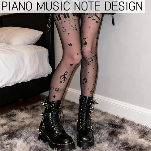 2-Pack Music Note Tights - Patterned Sheer Pantyhose for Women | Y2K Gothic Lolita Leggings | Fun Clothes Accessories in Kuwait