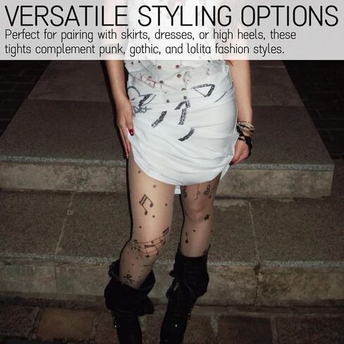 2-Pack Music Note Tights - Patterned Sheer Pantyhose for Women | Y2K Gothic Lolita Leggings | Fun Clothes Accessories in Kuwait