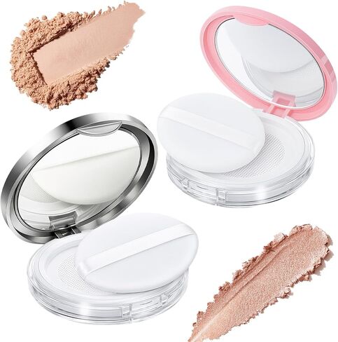 Tokusatsu 2-Pack Refillable Loose Powder Container with Puff & Mirror - 0.17 oz Travel Portable Empty Makeup Compact with Mesh for Women Girls (Pink, Silver) in Saudi Arabia
