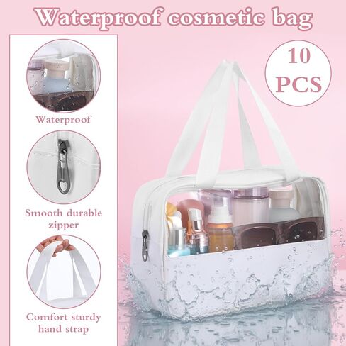 مجموعة حقائب مكياج بيضاء شفافة مكونة من 10 قطع، منظم سفر لمستحضرات التجميل من الجلد المقاوم للماء والبولي فينيل كلوريد مع مقابض معلقة، حقيبة تخزين أدوات الزينة المحمولة للنساء والرجال، مقاس 10.2 × 6.3 × 2.8 بوصة in Kuwait