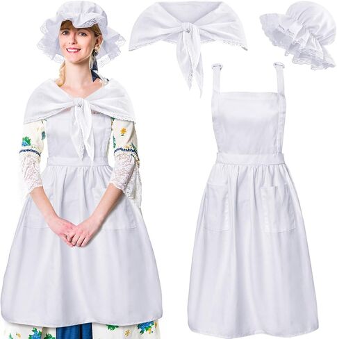 Hercicy 3 Pieces Colonial Costume Set White Mob Cap Bonnet Shawl Waist Apron Pilgrim Costume Accessories for Women Girls (Long Style) in Saudi Arabia