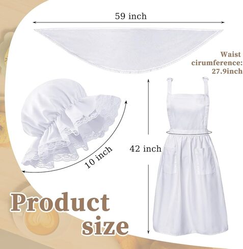 Hercicy 3 Pieces Colonial Costume Set White Mob Cap Bonnet Shawl Waist Apron Pilgrim Costume Accessories for Women Girls (Long Style) in Saudi Arabia