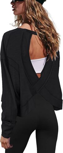 Gacaky Womens Open Back Loose Workout Tops Backless Long Sleeve Athletic Shirt Running Crop Top Gym Dance Tee in Kuwait