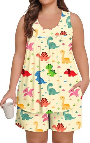 Lastshe طقم بيجامة مقاس كبير للنساء صيفي بدون أكمام وشورت Pjs مكون من قطعتين طقم صالة ناعم مع جيوب ملابس نوم in Kuwait