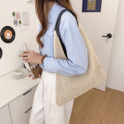 Hand-woven Straw Shoulder Bag Boho Black Leather Top Handle Tote Retro Summer Beach Bag Holiday Travel Handbag in Saudi Arabia