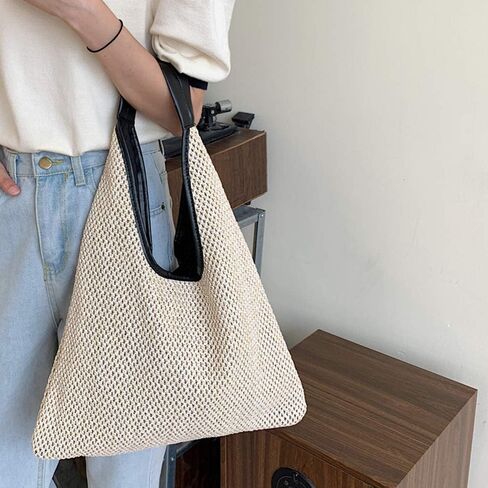 Hand-woven Straw Shoulder Bag Boho Black Leather Top Handle Tote Retro Summer Beach Bag Holiday Travel Handbag in Saudi Arabia